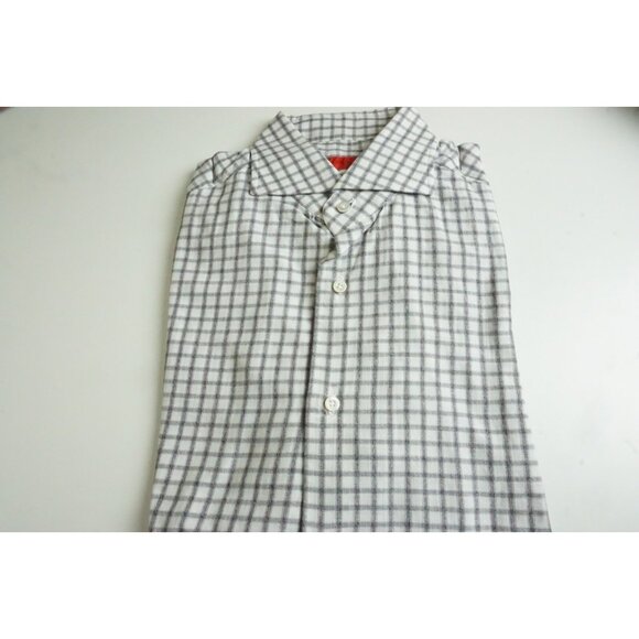 Isaia Cotton White Gray Plaid Spread Collar Dress Shirt Sz 39 15 1/2 BRAND NEW
